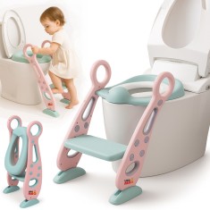 Reductor WC pentru Copii cu Scarita, Linomag&reg;, Plabil, Reglabil pe Inaltime, Colac Moale, 42.6 x 55 x 41.5 cm, Rose / Teal