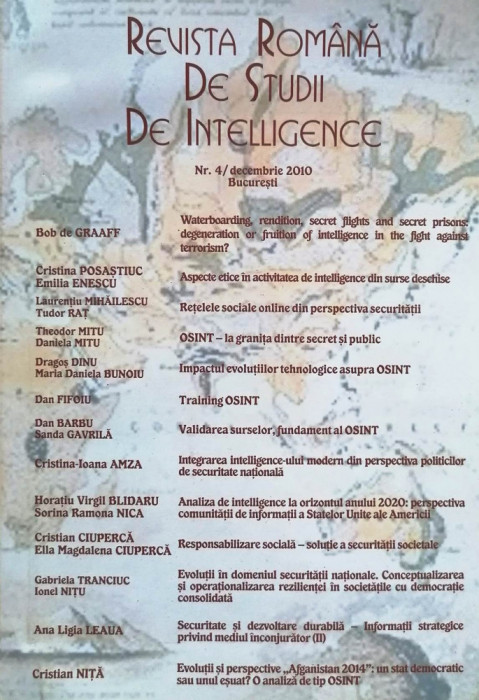 REVISTA ROM&Acirc;NĂ DE STUDII DE INTELLIGENCE, nr. 4/2010, nr. 1-2/2009