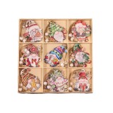 Set 18 decoratiuni de craciun din lemn, flippy, cu snur pentru agatare in brad, model gnomi, diferite dimensiuni, multicolor