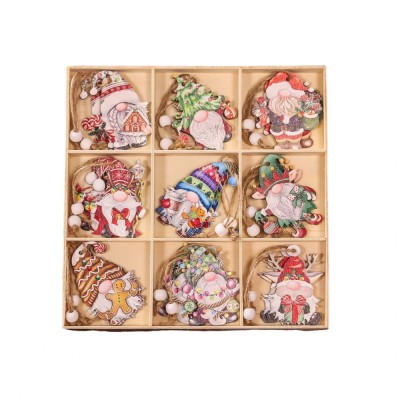 Set 18 decoratiuni de craciun din lemn, flippy, cu snur pentru agatare in brad, model gnomi, diferite dimensiuni, multicolor foto