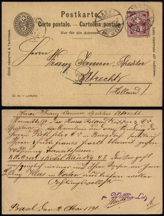 Switzerland 1891 Uprated postcard stationery Basel to Utrecht Netherlands DB.169