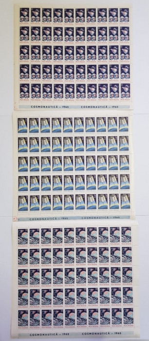 TIMBRE ROMANIA L.P.611/1965 COSMONAUTICA I - 3 coli a 50 DE valori MNH