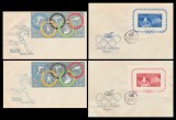 1960 Romania - 4 FDC Jocurile Olimpice Roma (I), LP 494, LP 494 a, LP 495, LP 496, serie dantelata + nedantelata + 2 colite NELISTATE