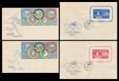 1960 Romania - 4 FDC Jocurile Olimpice Roma (I), LP 494, LP 494 a, LP 495, LP 496, serie dantelata + nedantelata + 2 colite NELISTATE
