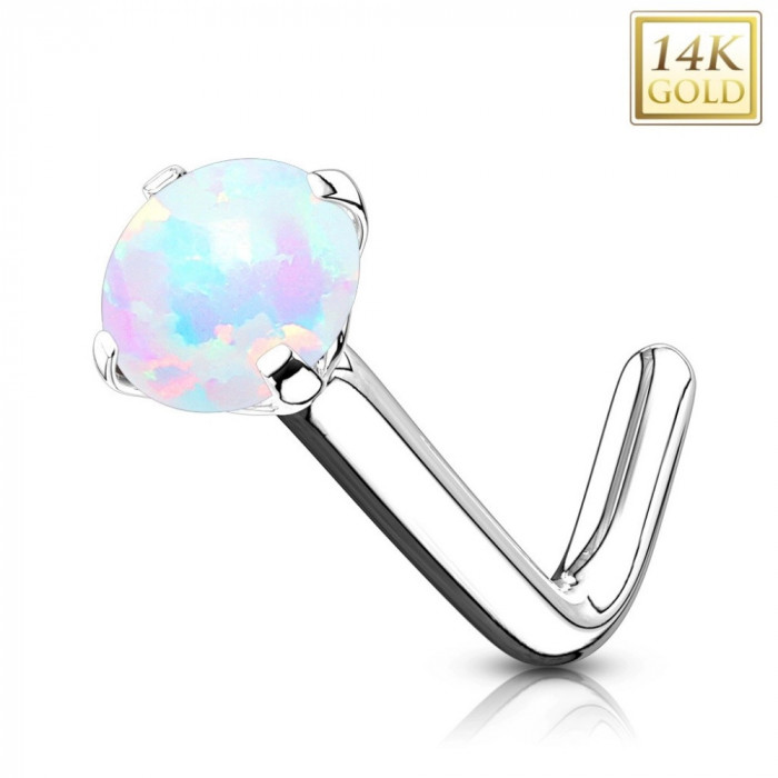 Piercing curbat pentru nas din aur alb de 14K, opal alb sintetic