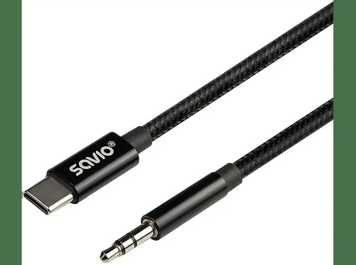 Cablu USB C tata la Jack 3.5 mm tata 1m negru textil SAVIO CL-187