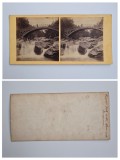 Fotografie stereoscopica de colectie, Peisaj cu pod deasupra cascadei, Germania, Europa, ca. 1880