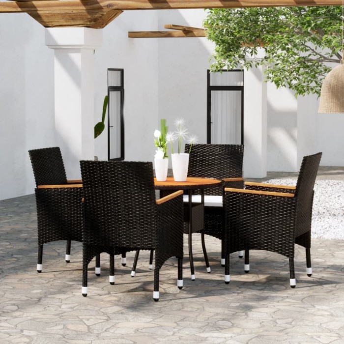 Set bistro de gradina, 5 piese, negru, poliratan si lemn masiv GartenMobel Dekor