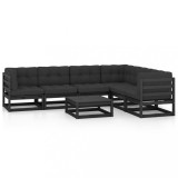 Set mobilier gradina cu perne, 7 piese, negru, lemn masiv pin