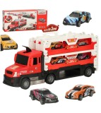 Camion transportor cu lumini, sunete si 6 masinute, rosu