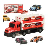 Camion transportor cu lumini, sunete si 6 masinute, rosu