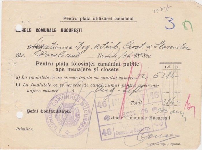 Pentru plata utilizarei canalului Uzinele Comunale BUCURESTI 1924