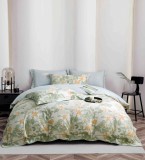 Cumpara ieftin Lenjerie de lux pentru pat dublu,bumbac finet,6 piese,cearceaf cu elastic,alba bleu,cu flori verzi-A1008, Jojo Home