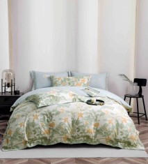 Lenjerie de lux pentru pat dublu,bumbac finet,6 piese,cearceaf cu elastic,alba bleu,cu flori verzi-A1008