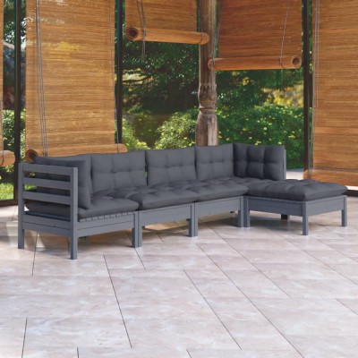 vidaXL Set mobilier de grădină cu perne, 5 piese, gri, lemn masiv pin 3096360 foto