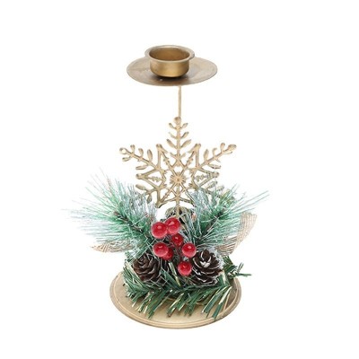 Suport Decorativ pentru Lumanare de Craciun, Flippy, Ornament pentru Lumanare, Model Fulg de Nea Auriu cu Crengute de Brad, din Art Metal, pentru Masa foto