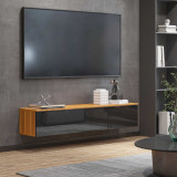 HOMCOM Dulap de perete pentru televizor cu design lucios si dulapuri inchise, PAL, 160x35x30 cm, maro si negru