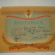 Diploma Uniunea de Cultura Fizica si Sport, tenis de masa, Iasi, 1960