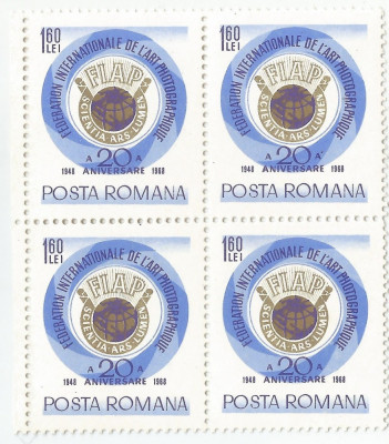 Rom&amp;acirc;nia, LP 684/1968, 20 ani de la &amp;icirc;nființarea F.I.A.P., bloc de 4 timbre, MNH foto