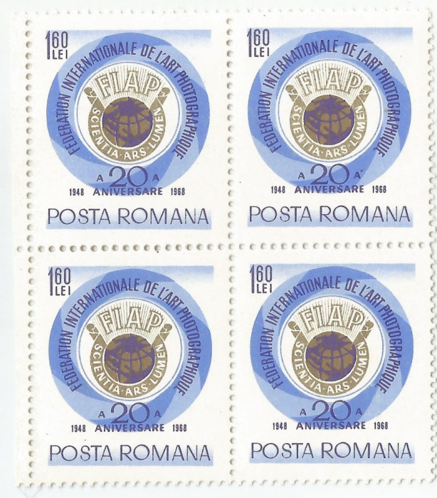 Rom&acirc;nia, LP 684/1968, 20 ani de la &icirc;nființarea F.I.A.P., bloc de 4 timbre, MNH