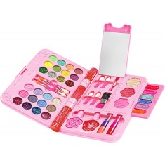 Trusa de machiaj pentru copii WePro Store, luciu de buze, farduri, oglinda, Design inedit, Usor de transportat, Tip Portofel, Non-toxic, Roz, 3 ani +