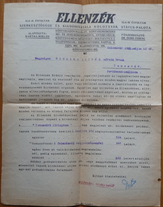 Foaia Ellenzek, Opozitia, Cluj , Koloszvar, 1941