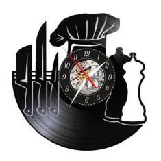 Ceas de perete din disc vinil, Tematică Chef / Bucătărie, Design cu Bonetă de Bucătar, Cuțite și Recipiente de Condimente, Negru