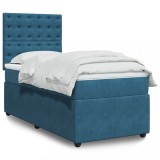 VidaXL Pat box spring cu saltea, albastru &icirc;nchis, 90x190 cm, catifea