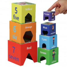 Set 6 cuSet 6 cuburi educative din carton, turn de construit, numere si meserii
