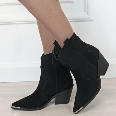 Cizme scurte negre din piele naturala cu toc comod 6397 114 foto