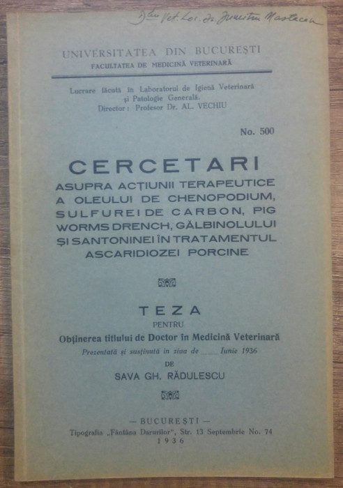 Actiunea oleului de chenopodium&hellip; in tratamentul ascaridiozei porcine/ 1936