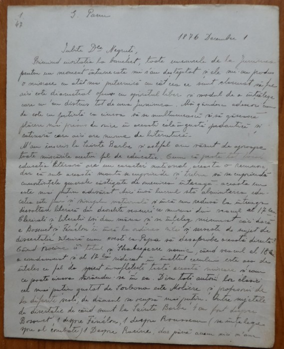 Scrisoare Gh. Panu catre Iacob Negruzzi, 1876, 4 pagini, 1876 , Junimea