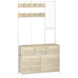 HOMCOM Cuier 4-&icirc;n-1, Mobilier de Intrare cu 7 Sertare Pliabile din Material Textil, 14 C&acirc;rlige și Panou Grilaj, Stejar | Aosom Romania