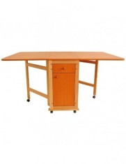 Masa plianta cu spatiu depozitare, usa si sertar, Pal Melaminat, structura lemn masiv, cu role, 8 persoane, 160x96x80 cm, cires