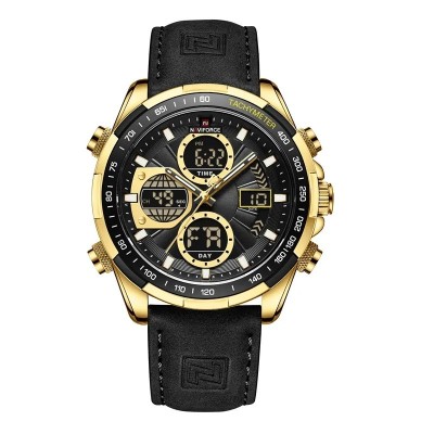 Ceas barbatesc Naviforce Quartz Digital Luxury Militar Piele Negru Auriu foto