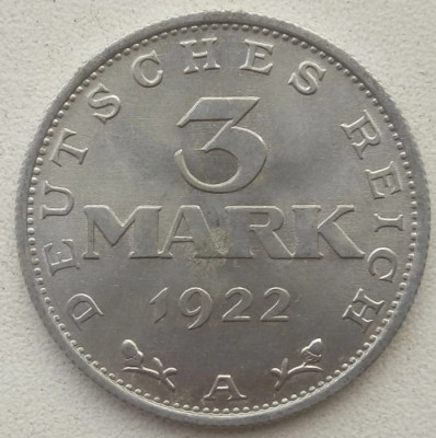 Moneda Germania - 3 Mark 1922- 3 ani de constitutie foto