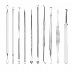 Set de 10 pensete pentru extractie puncte negre, comedoane, acnee, ustensile cosmetice din otel inoxidabil, 12 cm