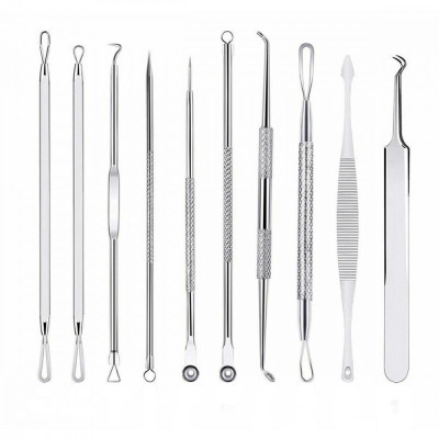 Set de 10 pensete pentru extractie puncte negre, comedoane, acnee, ustensile cosmetice din otel inoxidabil, 12 cm foto