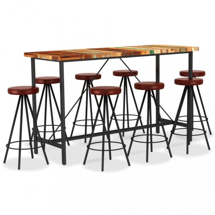 Set de bar 9 piese lemn masiv reciclat și piele naturală