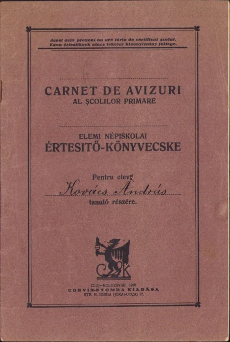 A2115 Carnet de avizuri al școlilor primare, 1932, bilingv rom&acirc;no-maghiar, tipărit la Cluj