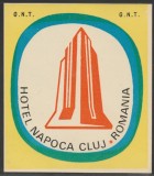 Romania anii 70 - Vigneta de bagaje Hotel Napoca din Cluj-Napoca, ONT Carpati, eticheta hoteliera, promovare turistica