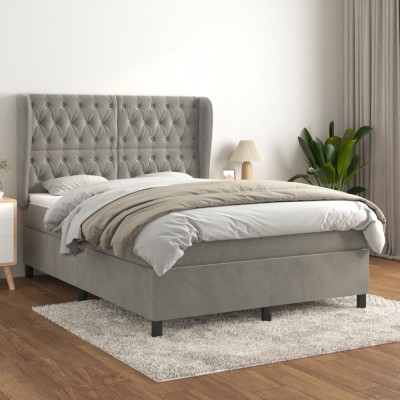 vidaXL Pat box spring cu saltea, gri deschis, 140x200 cm, catifea foto