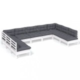 Set mobilier gradina cu perne, 9 piese, alb, lemn masiv pin