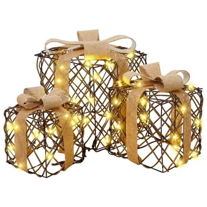 vidaXL Cutie cadou cu 60 LED 3 pcs Alb cald 20 x 20 x 20 cm Ratan 42019097