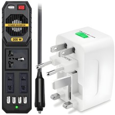 Set Invertor de Tensiune Auto si Adaptor Universal Priza, Linomag&reg;, Dc/Ac 12v/220v, Adaptor priza EU/UK/SUA/JP/CH/AUS/TH, Alb/Negru