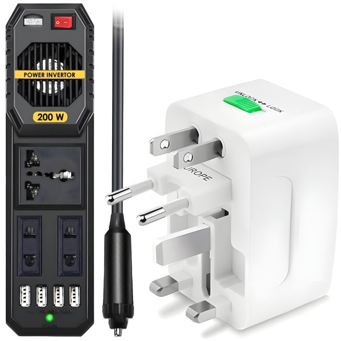 Set Invertor de Tensiune Auto si Adaptor Universal Priza, Linomag&reg;, Dc/Ac 12v/220v, Adaptor priza EU/UK/SUA/JP/CH/AUS/TH, Alb/Negru