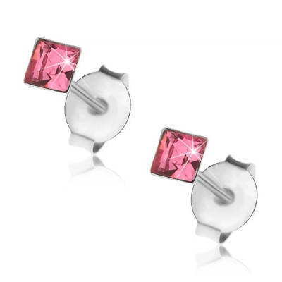 Cercei cu șurub, argint 925, cristal sub formă de pătrat roz, 3 mm foto
