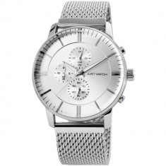 Ceas barbatesc, Just Watch, cronograf, cadran argintiu, bratara milaneza inox