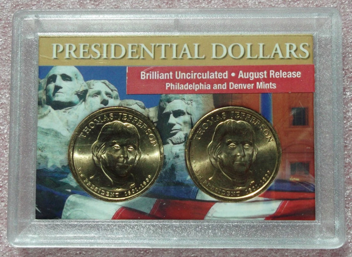 SUA 2 x 1 $ dollar 2007 P si D Thomas Jefferson in caseta de plastic UNC **
