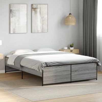 vidaXL Cadru de pat, gri sonoma, 135x190 cm, lemn prelucrat și metal 3279905 foto